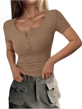 Women's Light Brown Short Sleeve Ribbed Henley Button Slim Fit Casual T Shirts